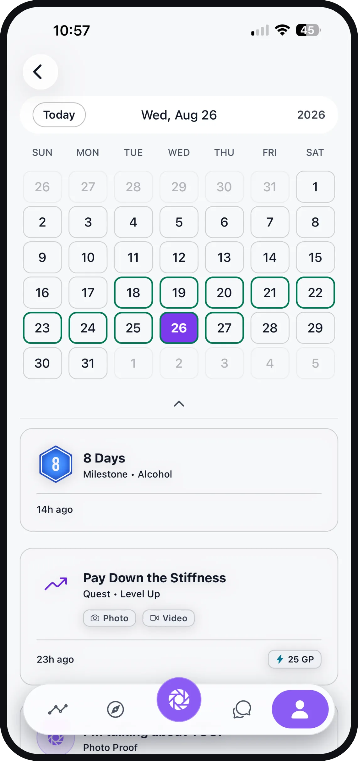 An activity calendar showing the days already logged
