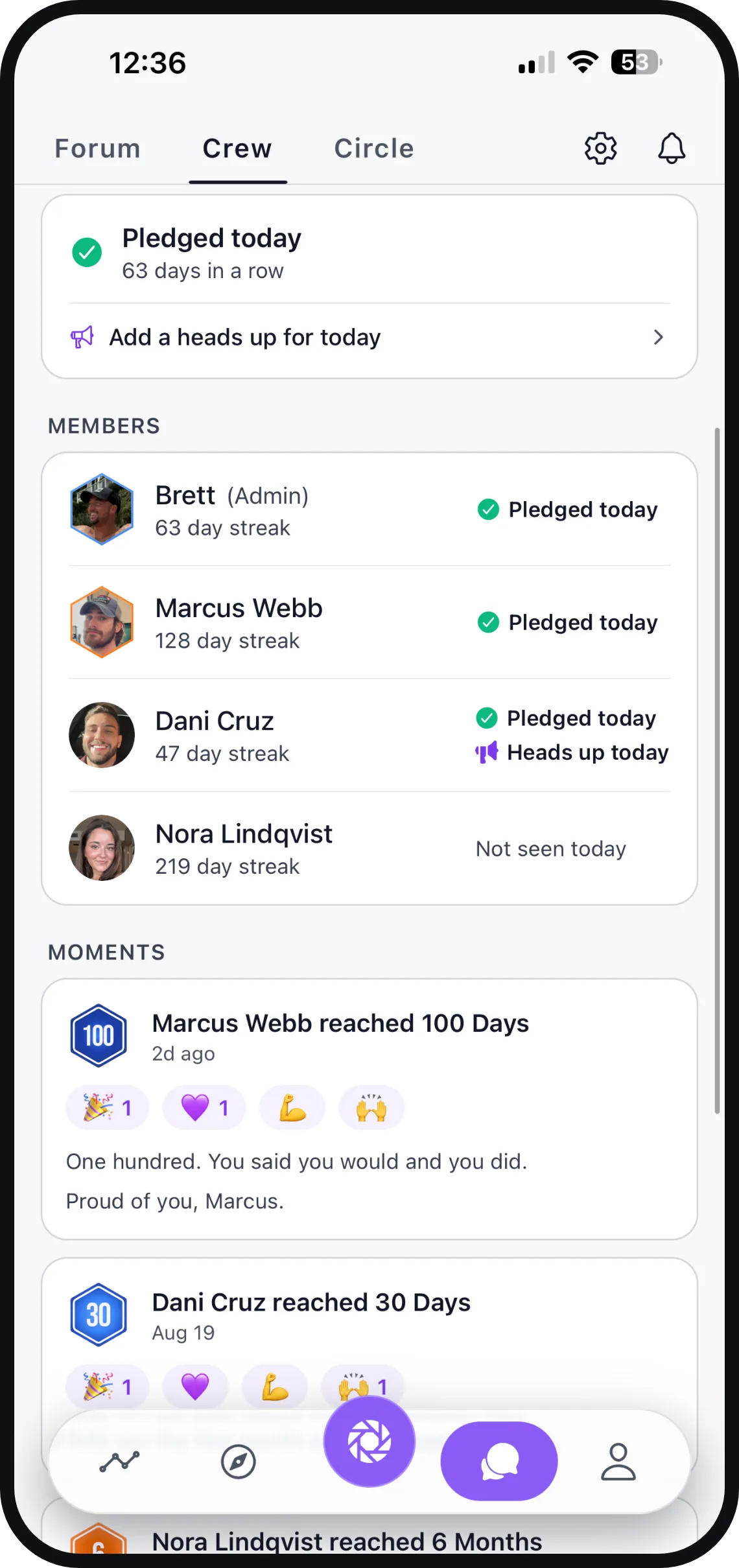 A Crew feed showing who has pledged today
