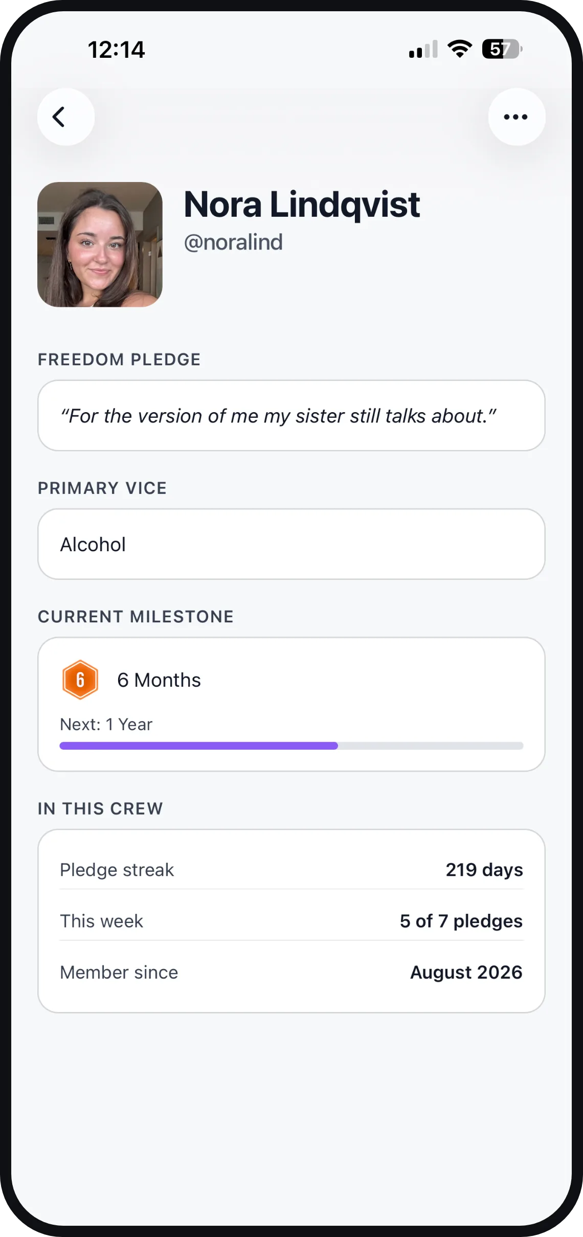 A Crew member profile showing their streak and recent activity