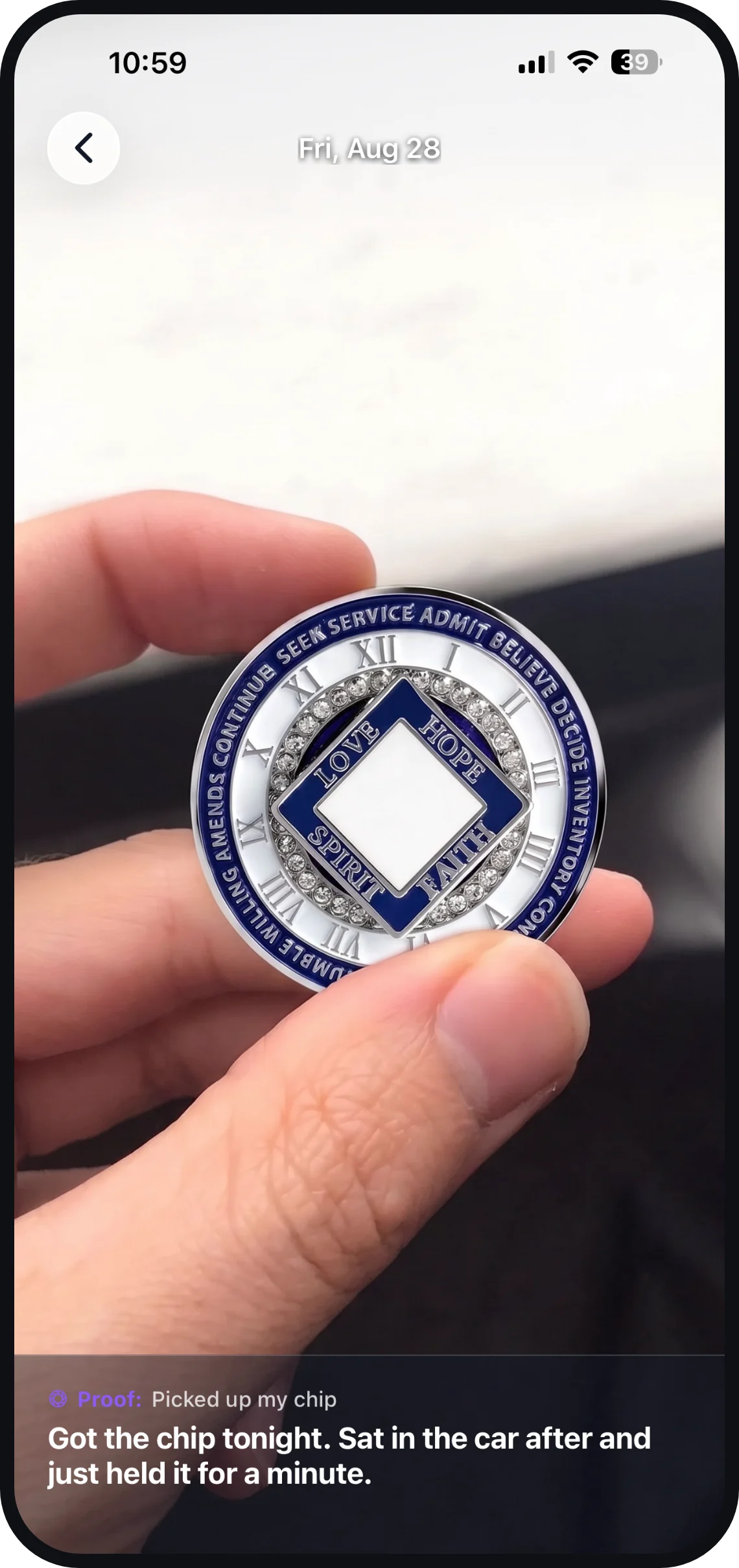 A Proof captured for a sobriety milestone coin
