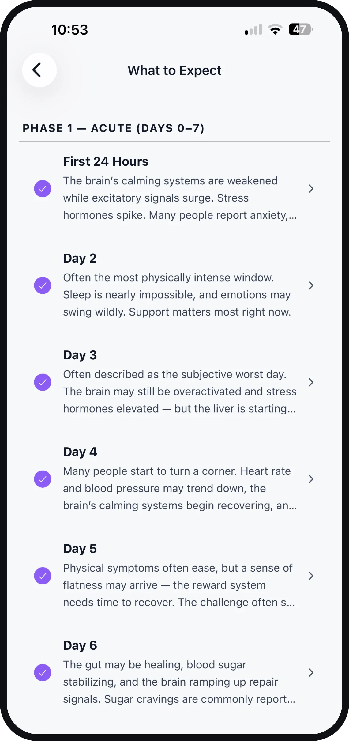 The What to Expect screen showing what is happening week by week