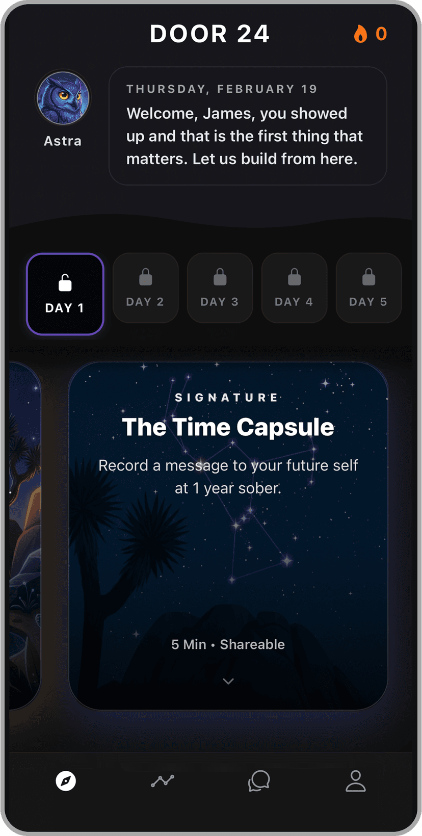 Daily identity quests and personalized actions in the Door 24 sobriety app to build self-trust