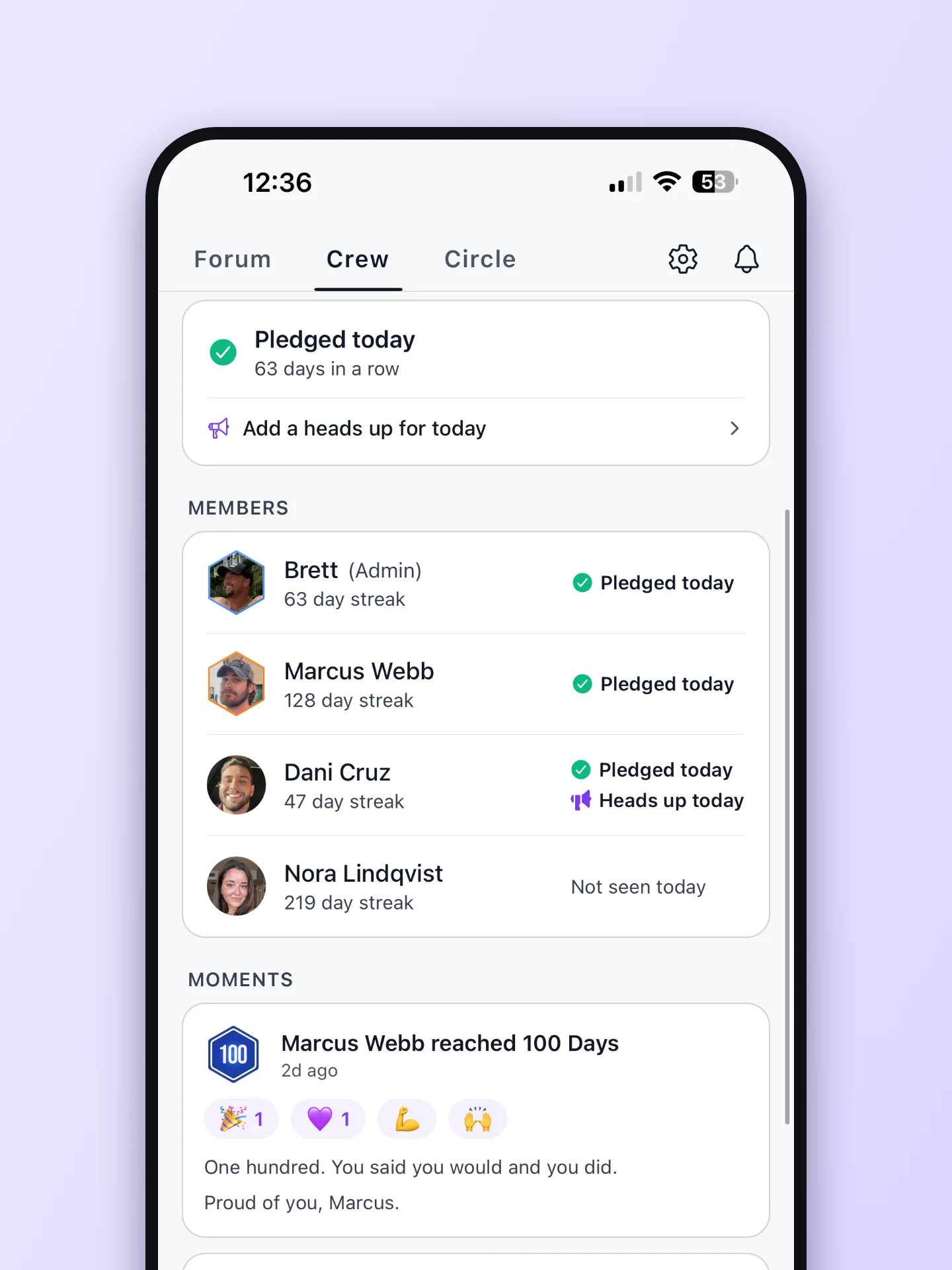 A crew feed showing members, pledge streaks and who has pledged today