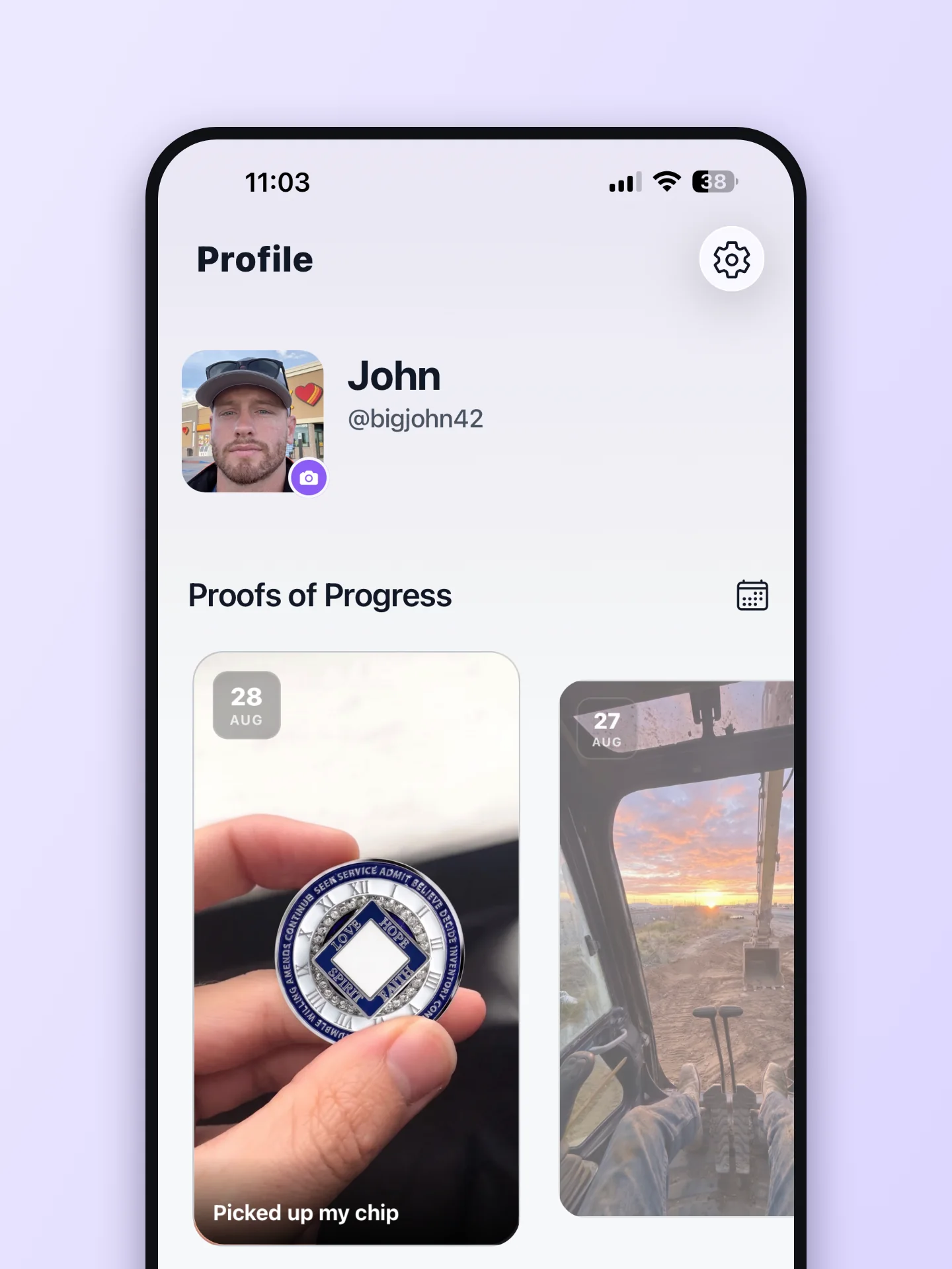 A profile page showing a grid of Proofs of Progress