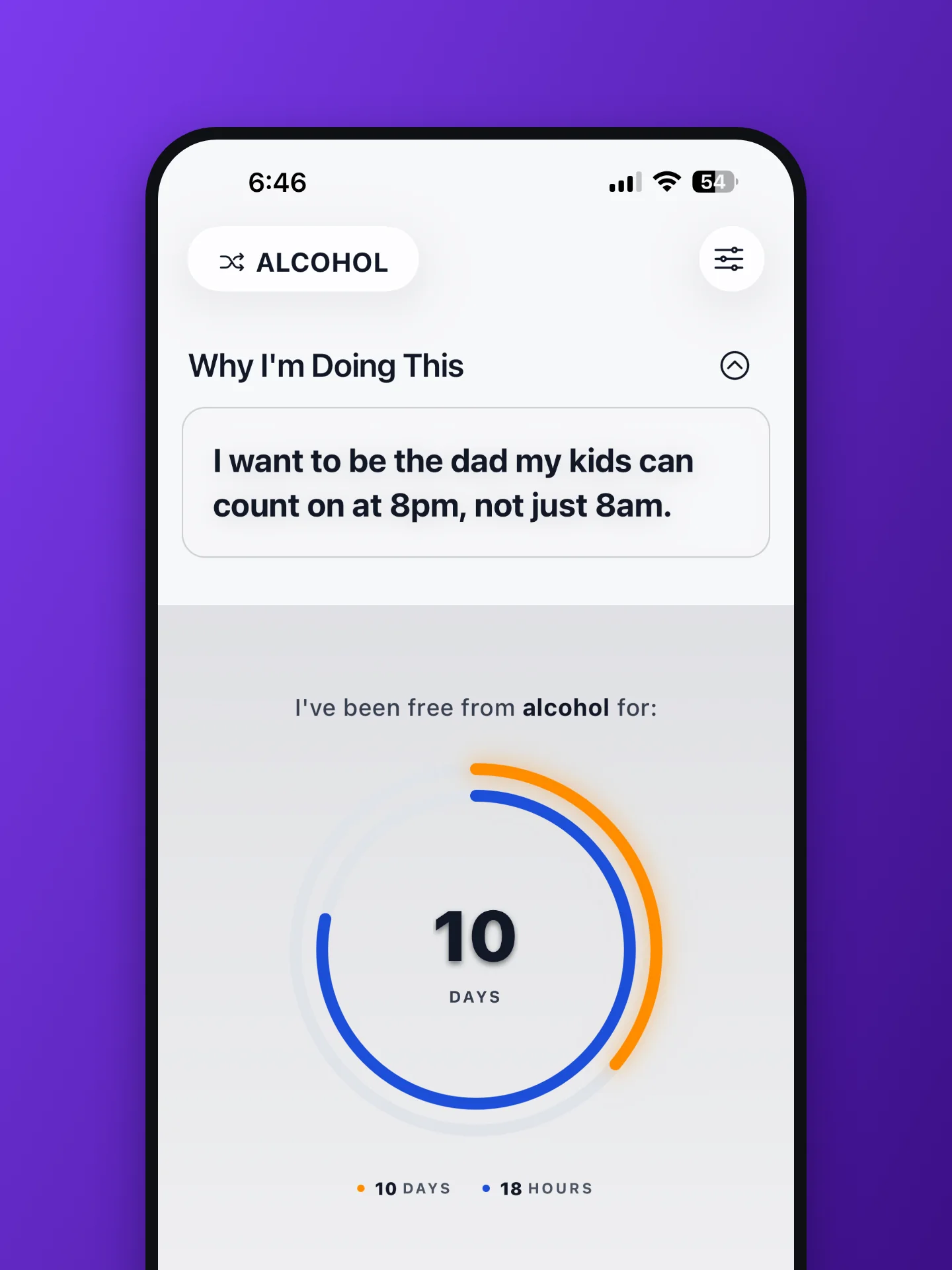 The Door 24 timer showing ten days free from alcohol, above the reason why